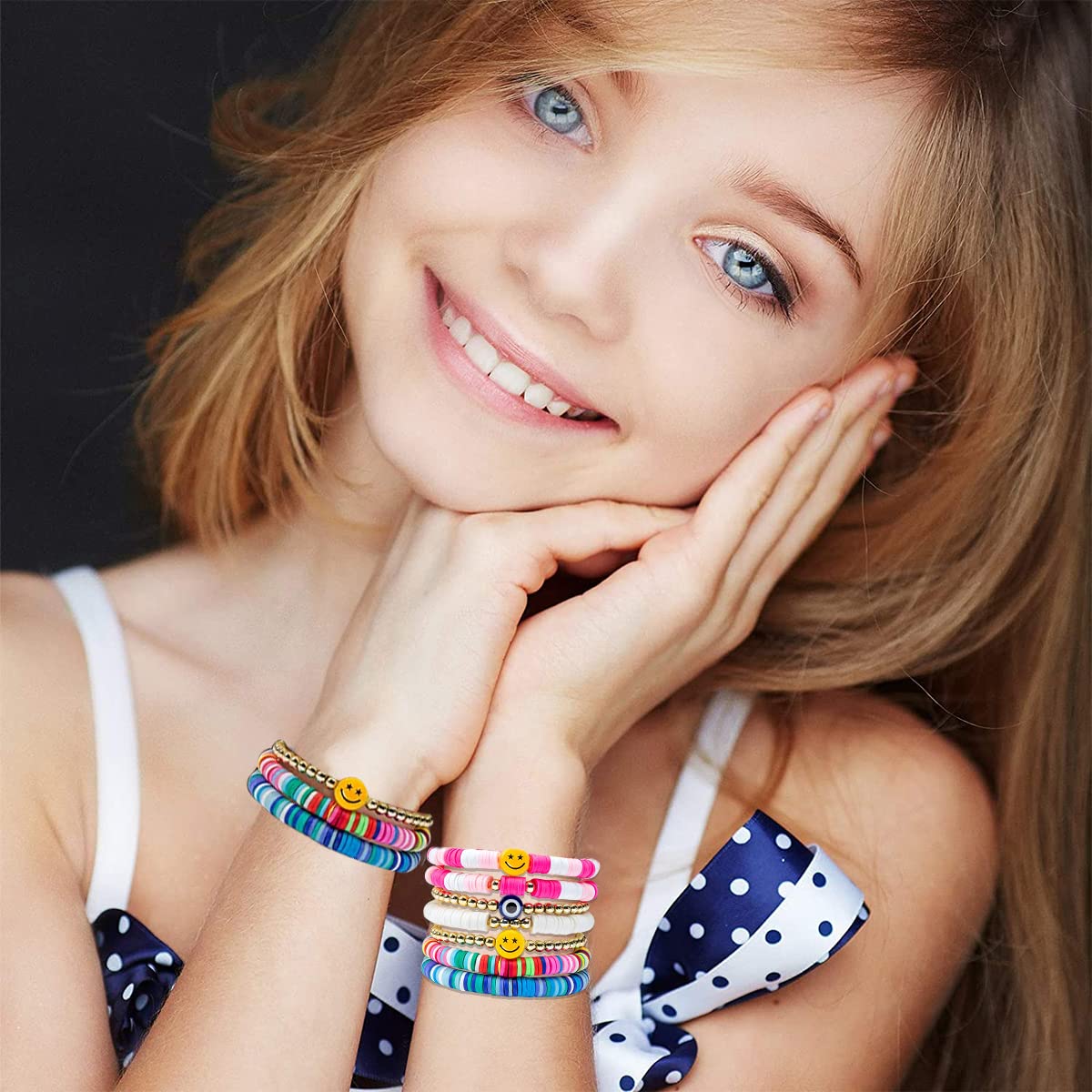 SANNIDHI 7Pcs Beads Bracelet for Girls Colorful Happy Smile Boho Beaded Bracelets Set Y2K Summer Beach Clay Jewelry for Girls SANNIDHI 7Pcs Beads Bracelet for Girls Colorful Happy Smile Boho Beaded Bracelets Set Y2K Summer Beach Clay Jewelry for Girls